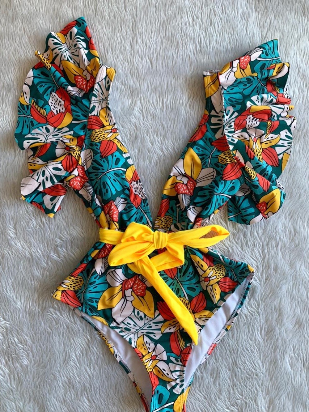 Tropical Ruffle One-Piece Swimsuit with Yellow Waist Tie NWT